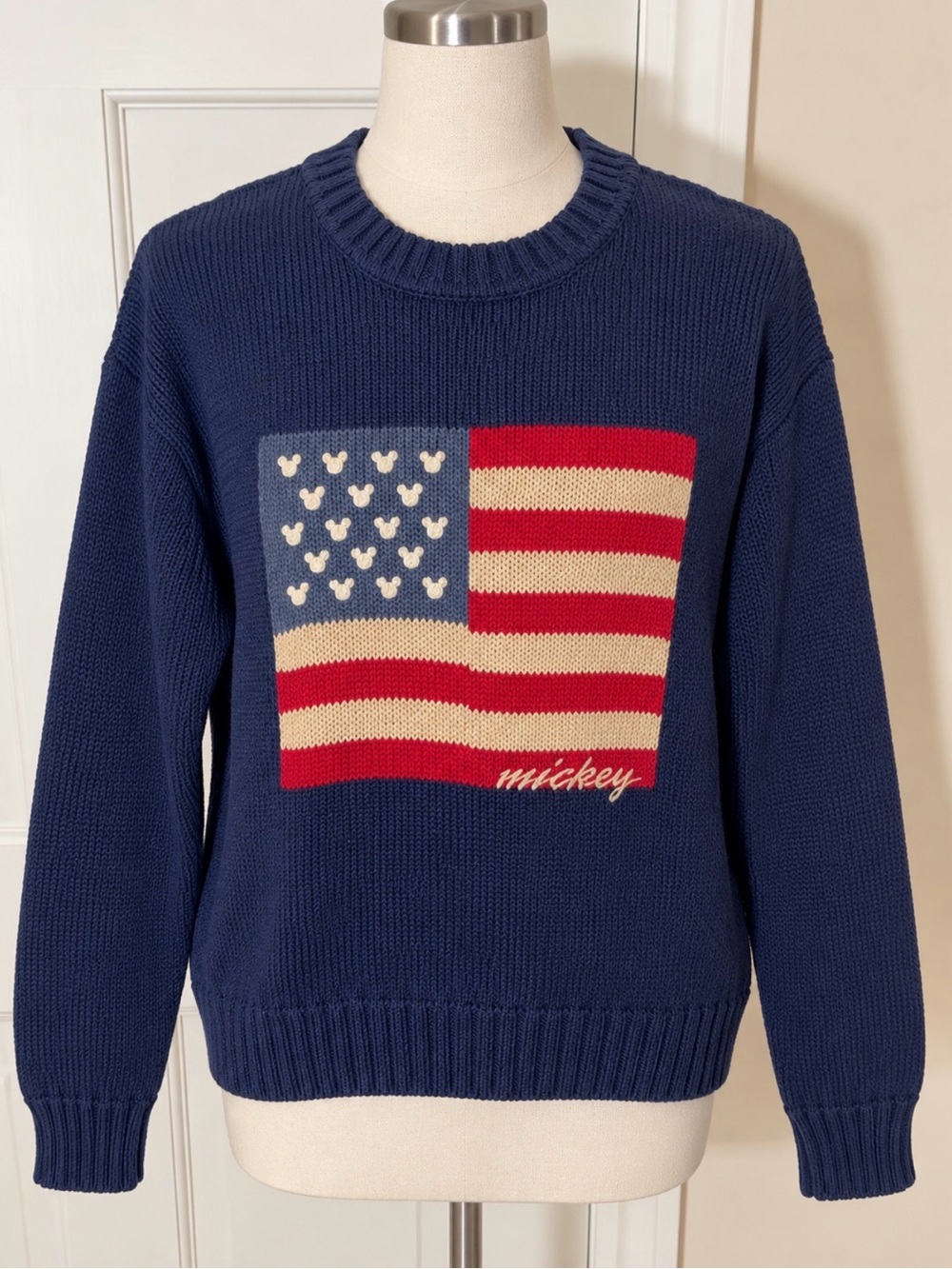 Disney Navy Crewneck Sweater with Red and Cream Flag Graphic - Men